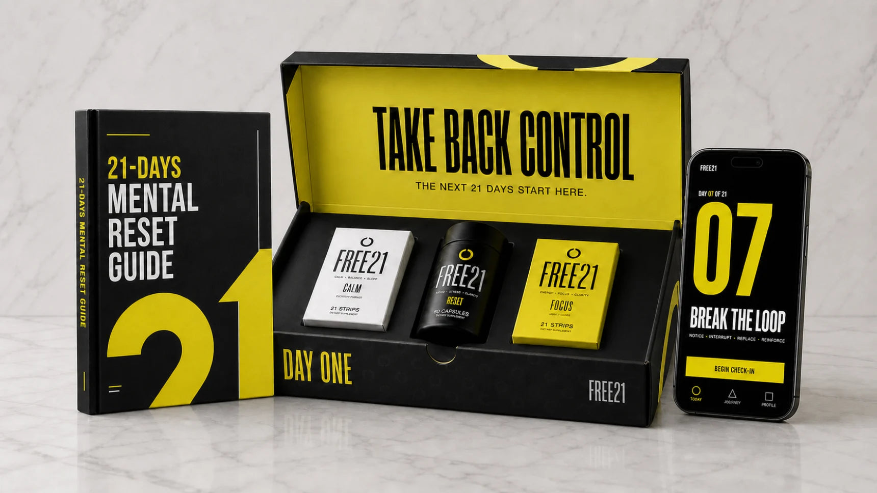 The FREE21 kit with the 21-Day Mental Reset Guide and the app